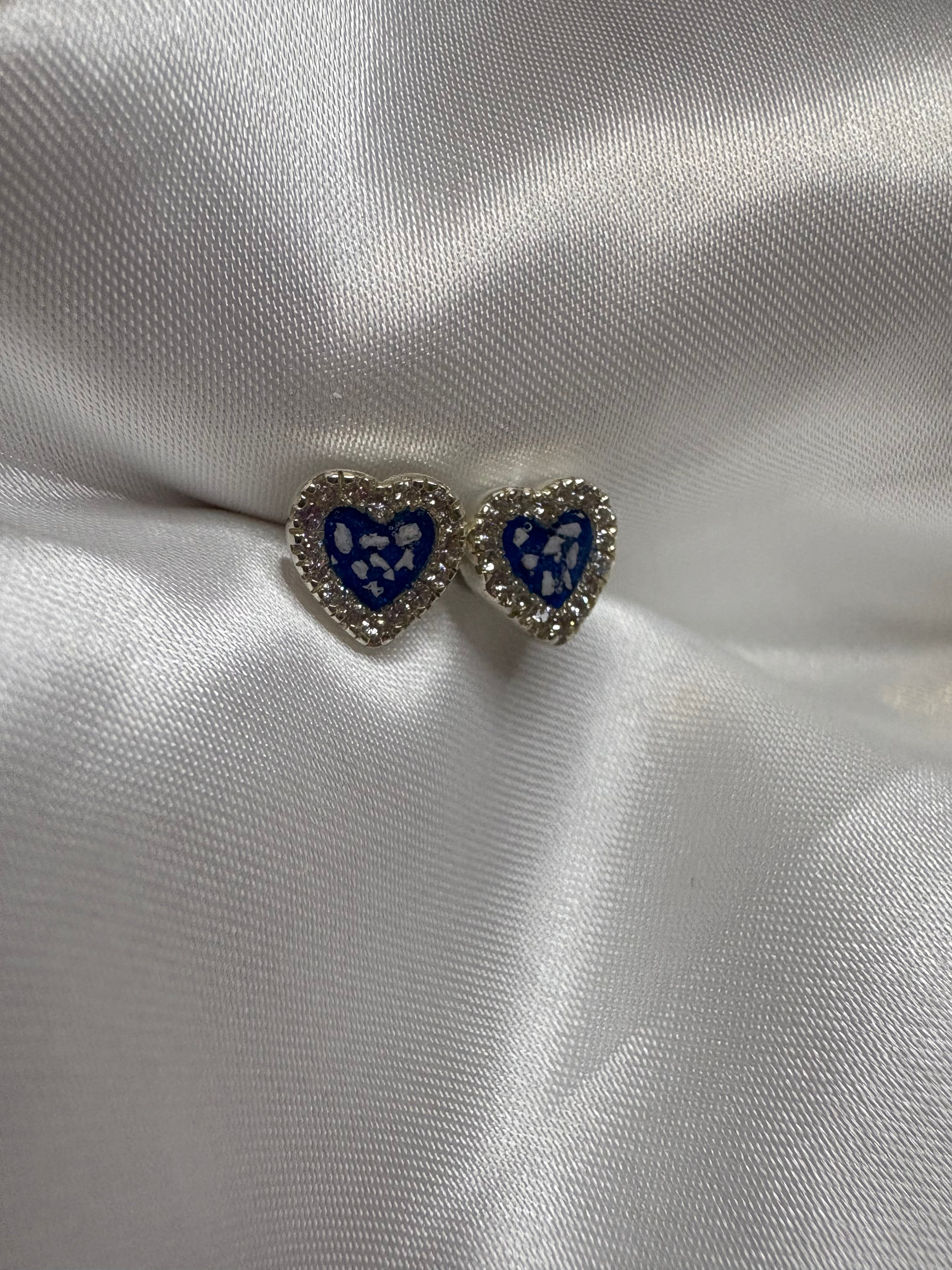 S925 heart earrings, with ashes set in blue stones.
