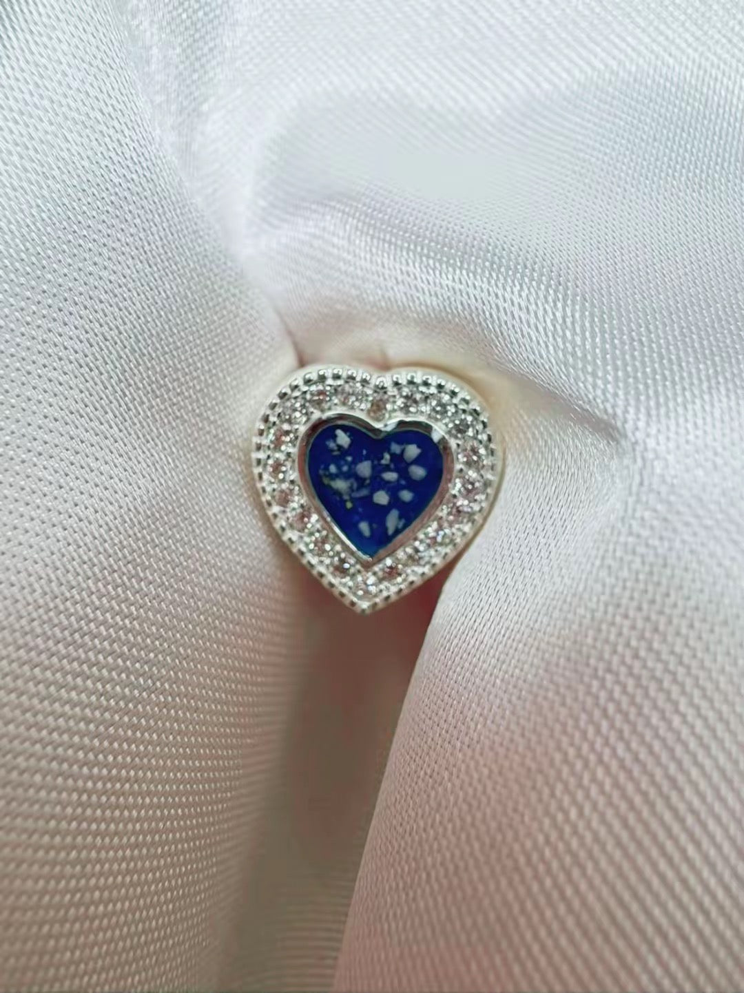 S925 CZ heart charm, with ashes set in aa blue stone.